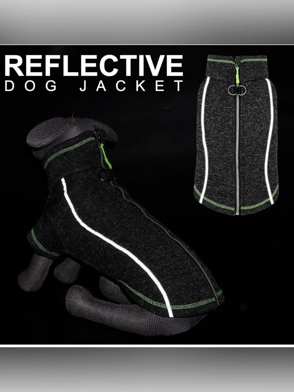 Cyeollo Fleece Reflective Dog Coat - Gray with Green Trim Waterproof Jacket